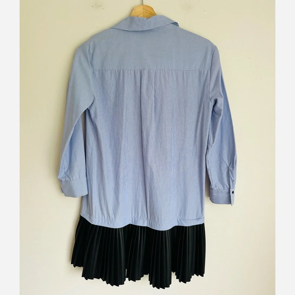 Zara Contrasting Shirt Dress Stripes and Black Faux Leather Skirt Blue Black - Picture 7 of 9